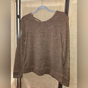 NWOT Crane Women's Brown Long Sleeve Thumb Hole Criss Cross Back Fitness Top Med